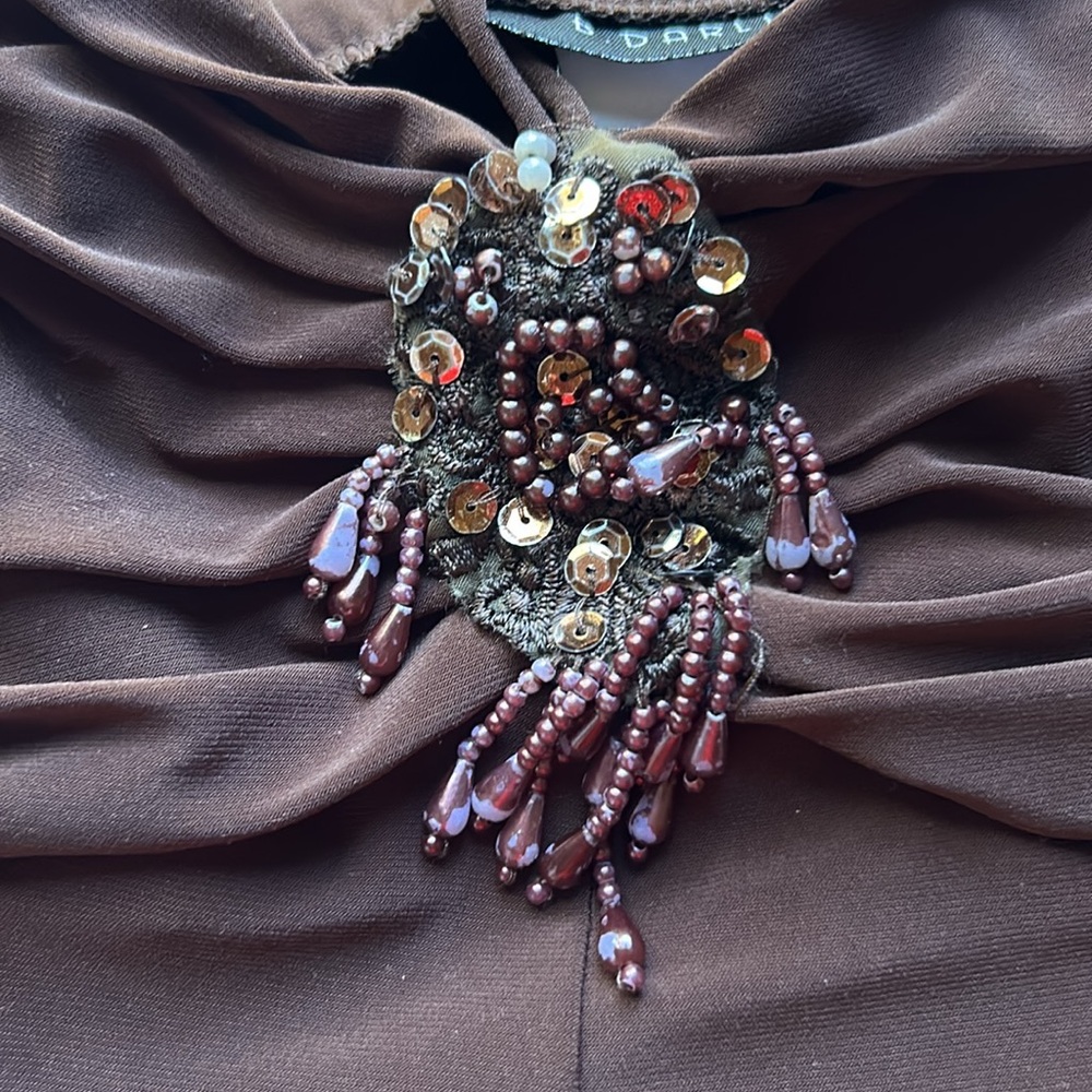 vintage 90s brown midi halter dress with beaded embroidered detailing, size 5/6 - Picture 4 of 6